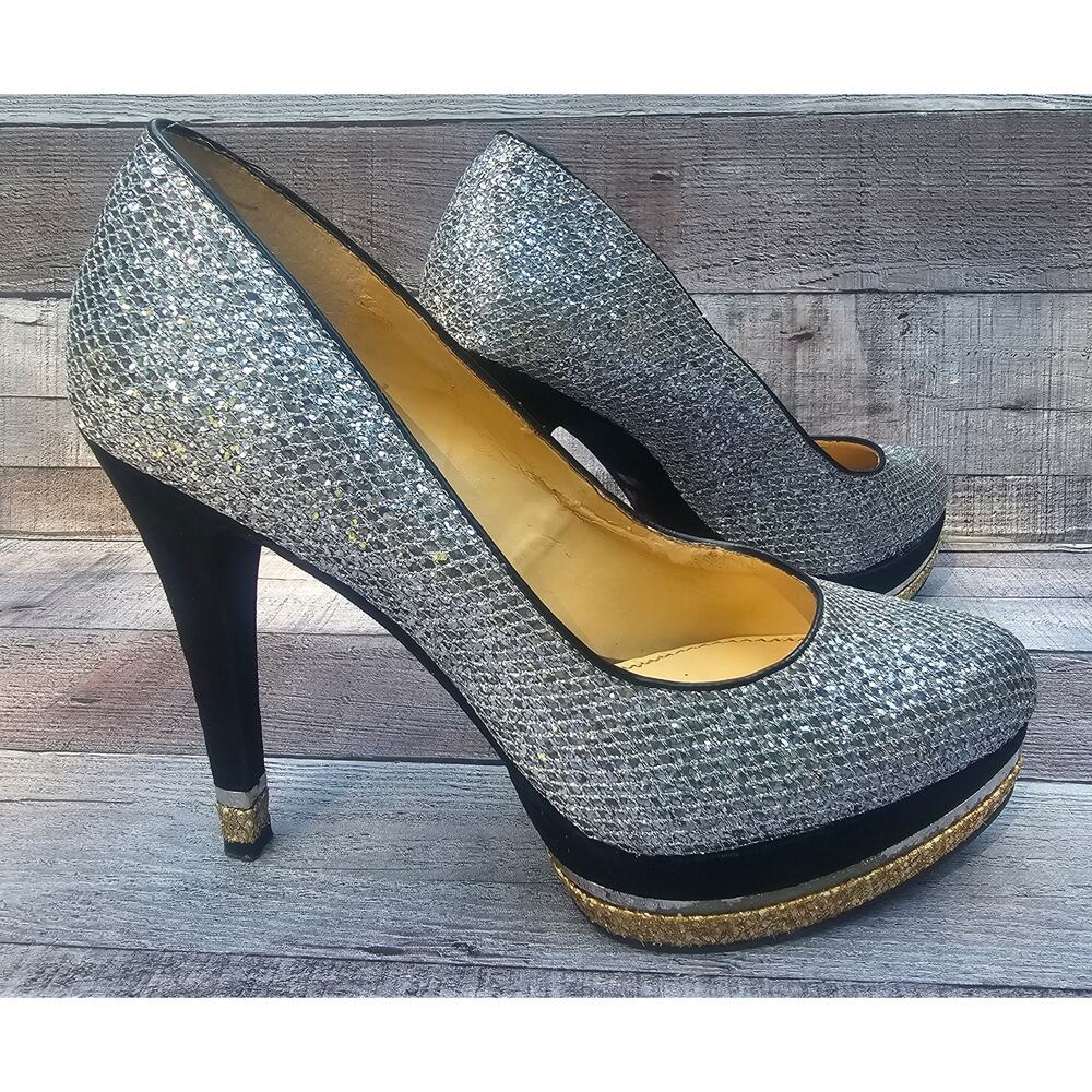GIANNI BINI Stiletto Pumps Heels Silver Sequin Glitter Sparkle Shoes Women's 8M